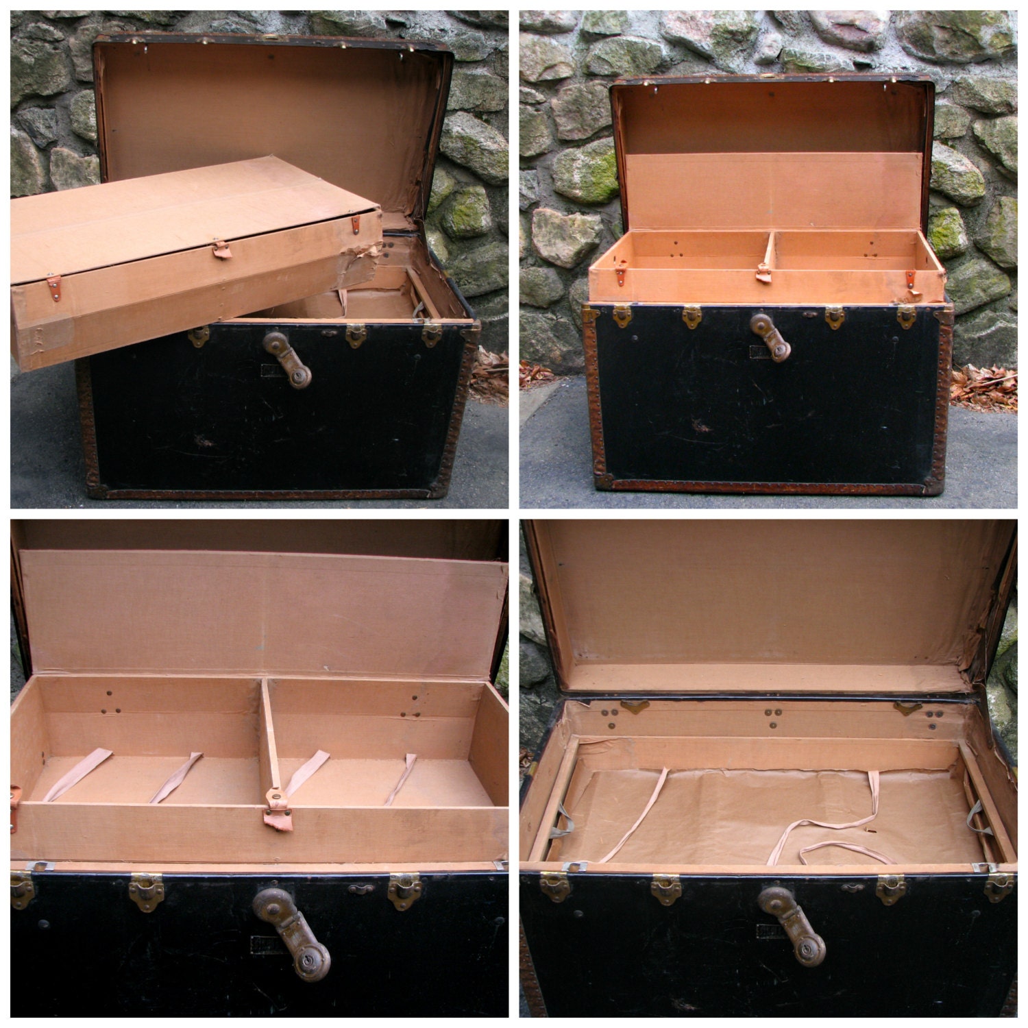 Black Antique Steamer Trunk c 1930 Made by Osh Kosh Trunks w Name