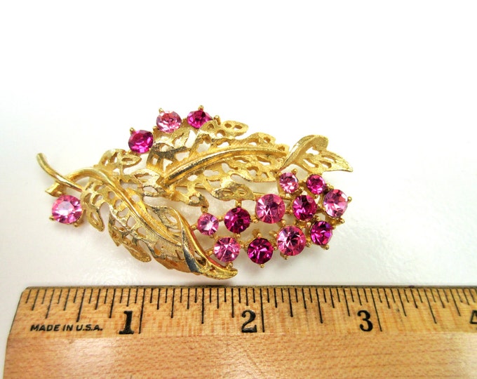 Pink Rhinestone Brooch - Signed Lisner - gold tone Flower leaf - Mid Century- Floral pin