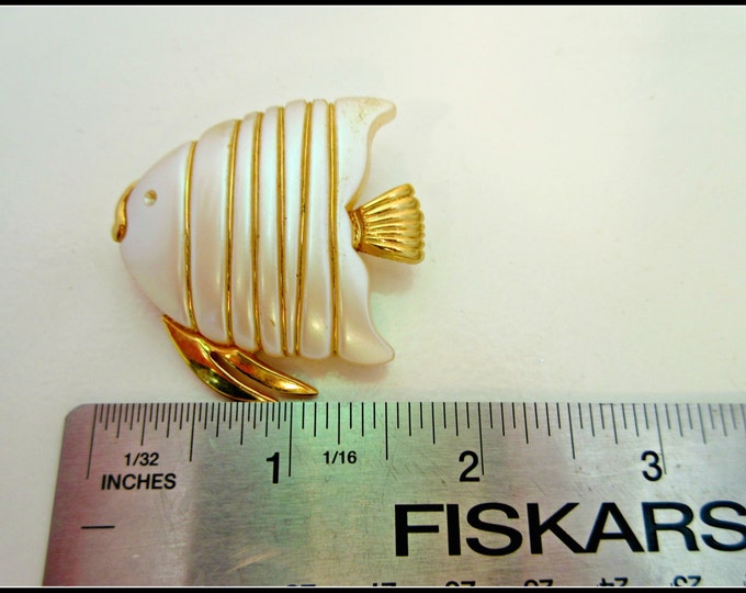 Napier Fish Brooch - gold metal white - plastic puffer fish pin