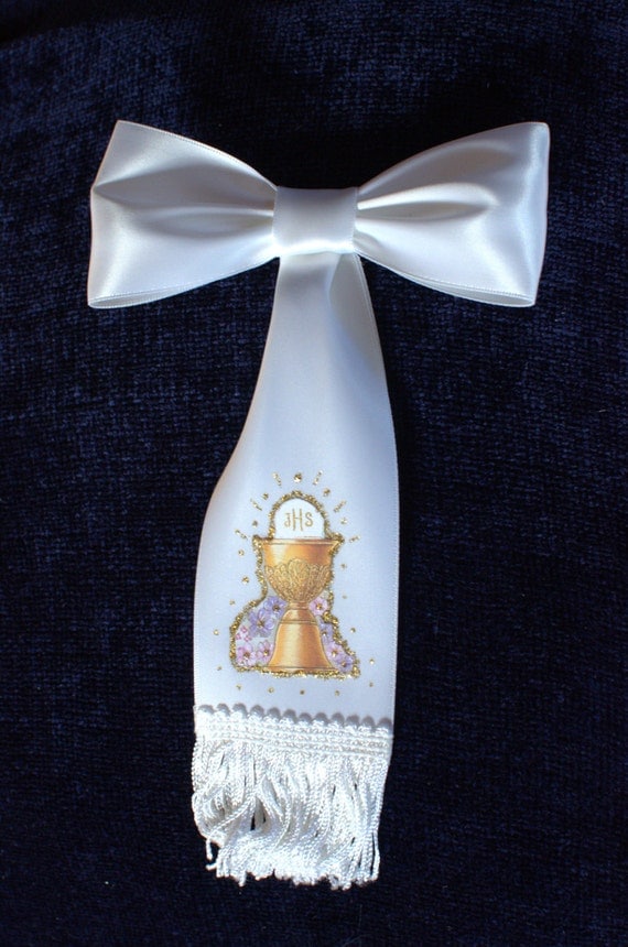 Boy First Communion Arm Bow Ribbon with Religious Image