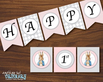Peter Rabbit Birthday Banner in pink and gray, DIY Banner, INSTANT DOWNLOAD printable digital file