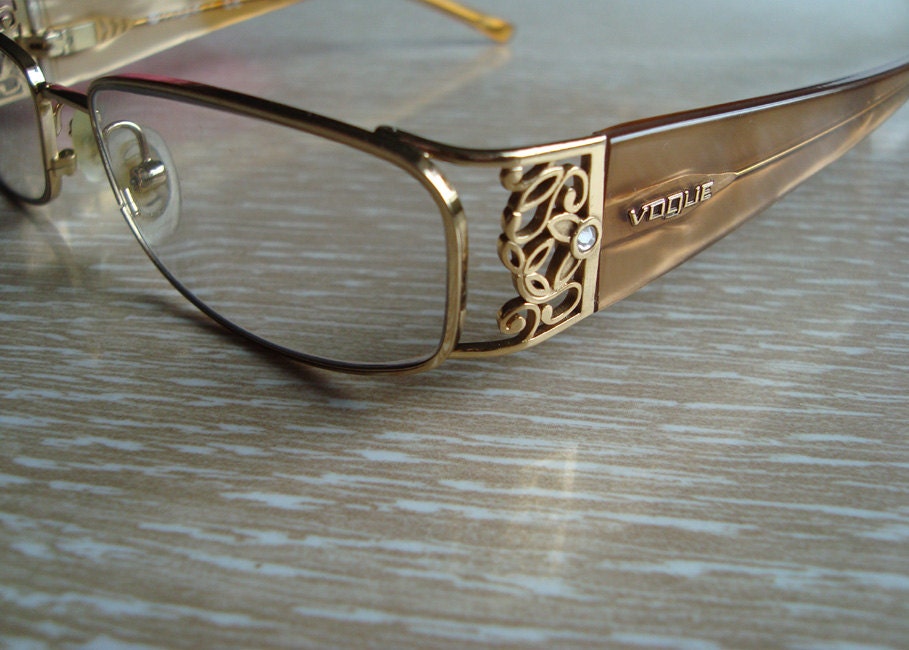 Vogue Gold Filigree And Rhinestone Eyeglasses 1990s Glasses 7507