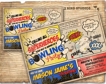 Bowling superhero party invitation - Superhero bowling party invitation - bowling birthday and superhero birthday invitation - you print!