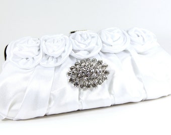 White Satin Bridal Clutch - White Satin with Stunning Swarovski Crystal Accent - Bridal Clutch - Wedding Purse - White Satin Bridal Bag