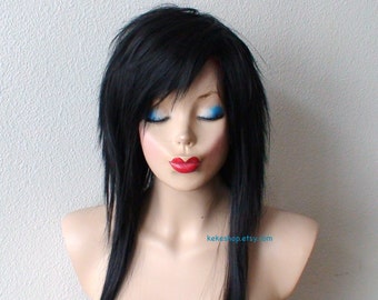 Emo wig. Scene wig. Black wig. Gothic hairstyle wig. Black Emo hair wig. Straight black hair wig.
