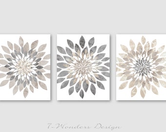 Modern Flower Bursts Neutral Colors Fine Art Print Set of (3) 5x7, 8x10 OR 11x14 Grey, Tan, Dust, Cottage, Home, Apartment Wall Art UNFRAMED