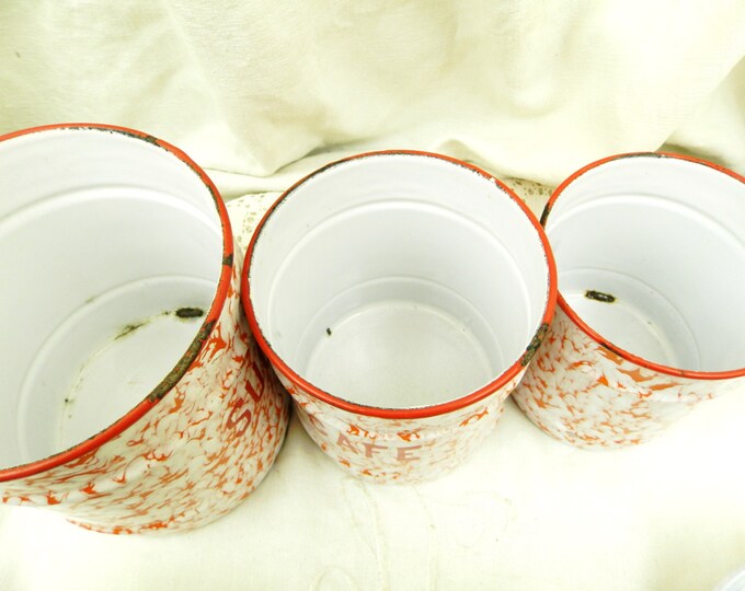 Antique 3 Piece French Red and White Marbled Enamel Canister Set, Enamelware Cannisters from France, Art Deco Kitchenware, Country Kitchen
