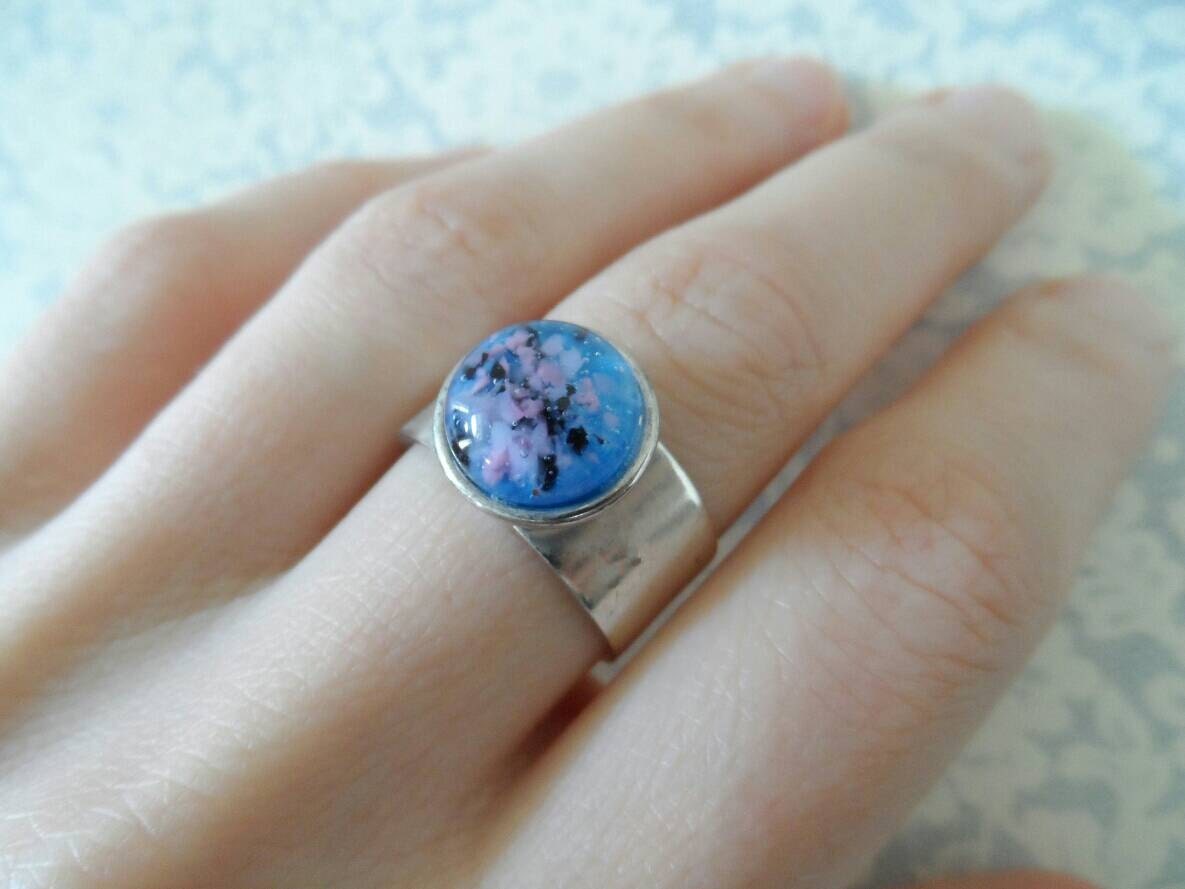 Silver Ring Fused Glass Blue Ring Adjustable by FusedGlassGalore