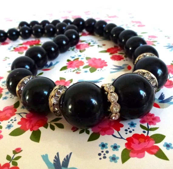 black 80s necklace ball beads necklace strass and black ball