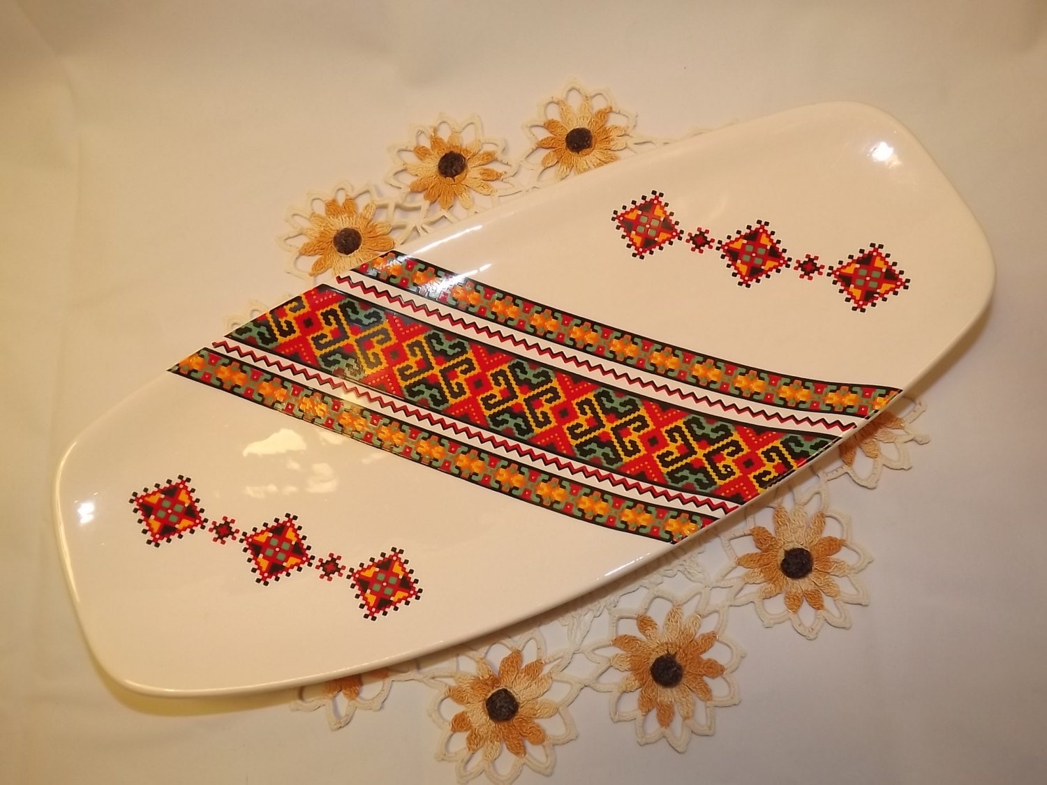 Vintage 1970s Ukrainian Art, Oblong Ceramic Serving Dish/Platter, Made