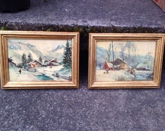Florentia Hand Made In Italy Wood Framed Prints Country Scenes Winter People 1930 Set of 2 5 x 7