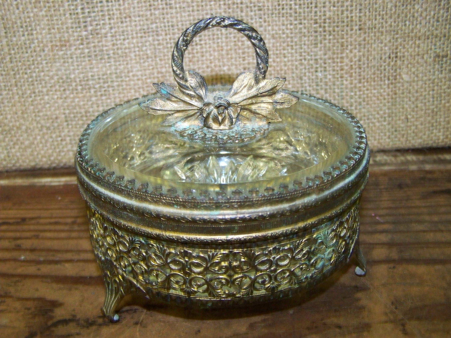 Glass Powder Box Brass & Glass Powder Box Trinket Box