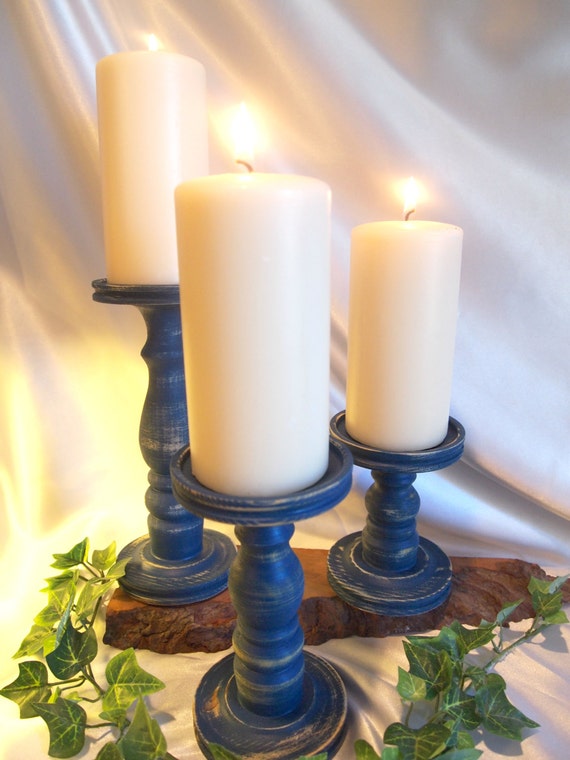 Primitive Dark Blue Pillar Candle Holder Set By Smokymtwoodnthings 9720