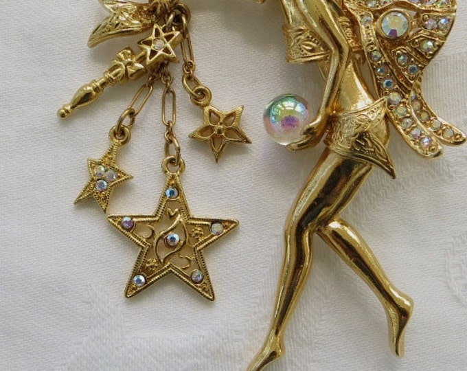 Kirks Folly Fairy Godmother Brooch Guardian Angel Crystal Ball Star Bouquet Crystal Wand Celestial Jewelry