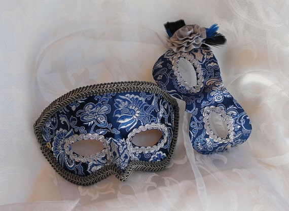 Couples Matching Royal Blue and Silver Brocade Leather Masquerade Masks
