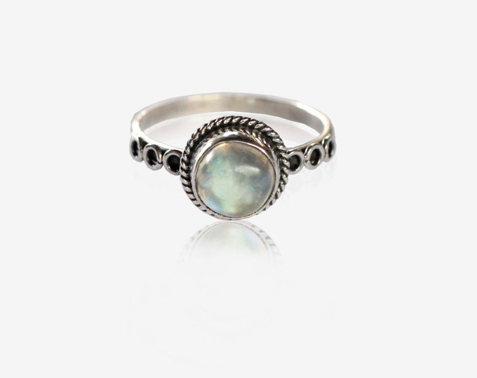 Rainbow Moonstone Circles Rope Ring, 925 Sterling Silver with Gemstone Ring, Twist Small Ring, Stacking Ring for Womens, Bohemian Jewelry