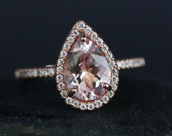 Pink Morganite Ring Rose Gold Morganite Pear 10x7mm and Diamond Halo Engagement Ring in 14k Gold