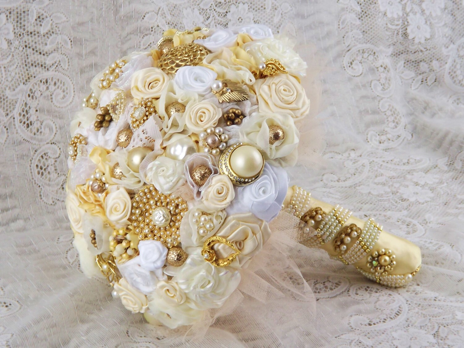 12'' Buttercream,Ivory,White Fabric Flower Jewelry & Brooch Wedding Bouquet,Pearl Theme Vintage Jewelry Bridal Bouquet,Alternative,Keepsake