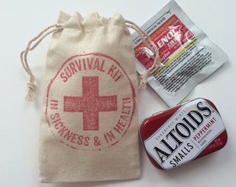 Survival Kit~Hangover Kit Bags In Sickness & In Health Muslin Favor Bags, Set of 10 (3x5 shown)