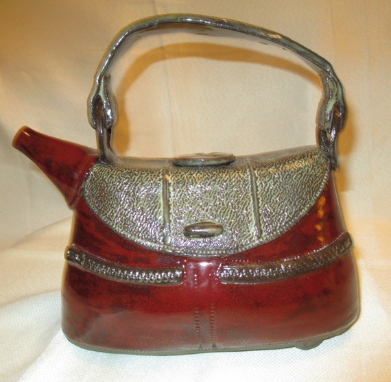 Purse teapot with zipper by ThreeLeavesPottery on Etsy