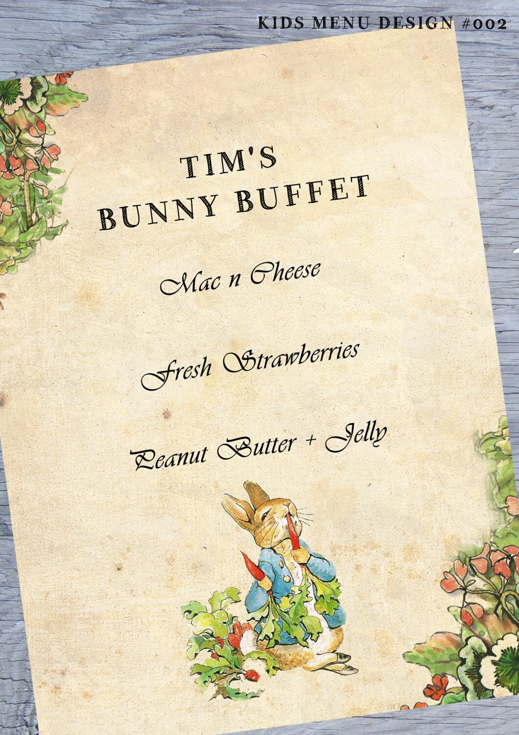 Easter Tea Party Menu Peter Rabbit KIDS Menu by JPEGgeneration