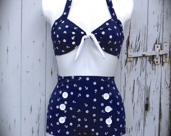 1950s Pin Up Girl Navy Nautical Bikini Swimming Costume 10 12 14 - Retro Vtg Swimsuit Rockabilly Hello Sailor