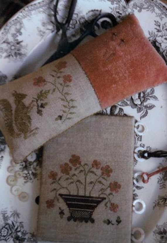 Primitive Cross Stitch Pattern - Squirrel Pinkeep & Flower Basket Thread Board
