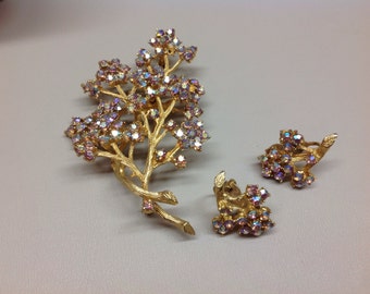 Vintage Tree Pin and Earrings Aurora Borealis