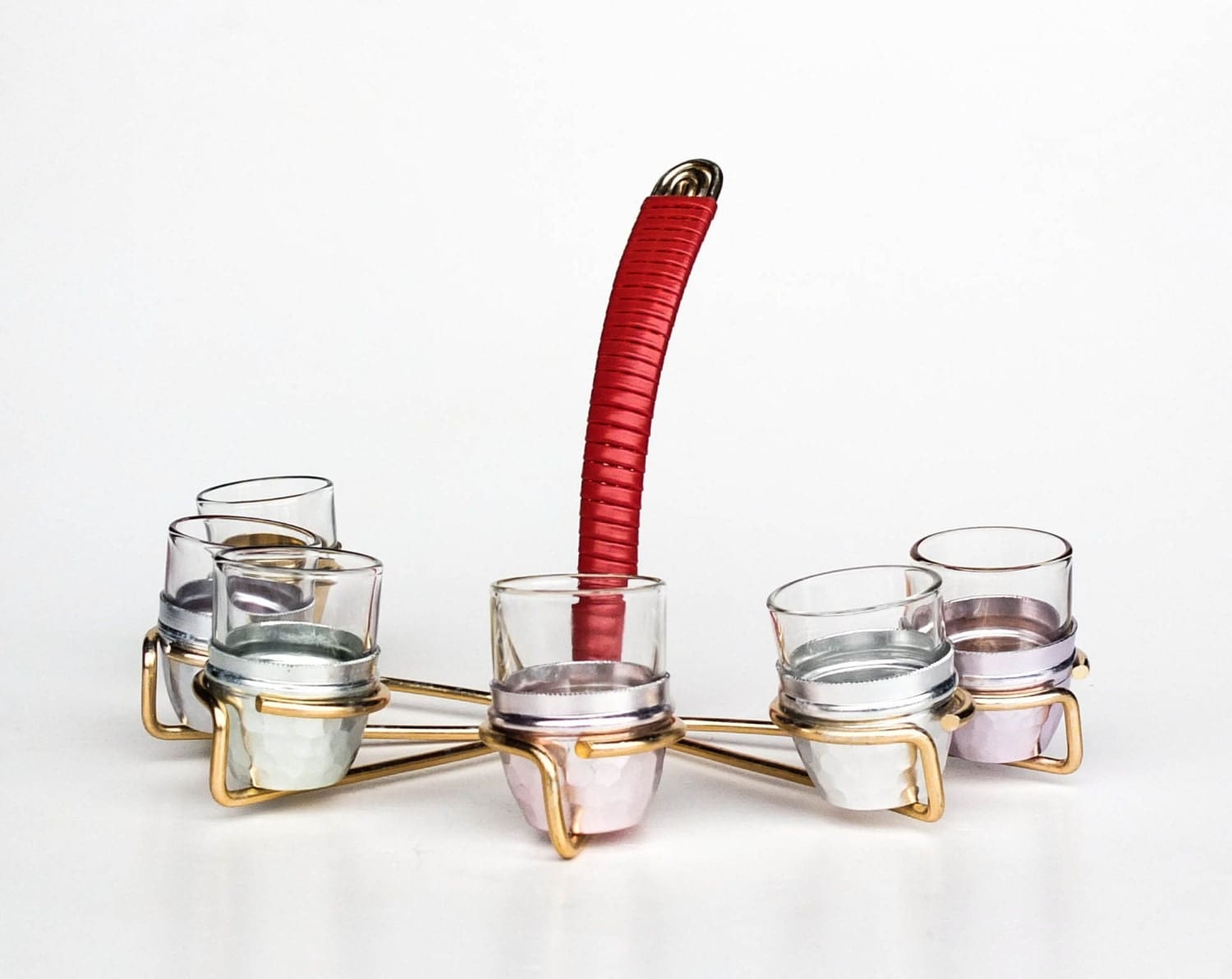 Set Of Six Vintage Shot Glasses In Golden Stand With Handle