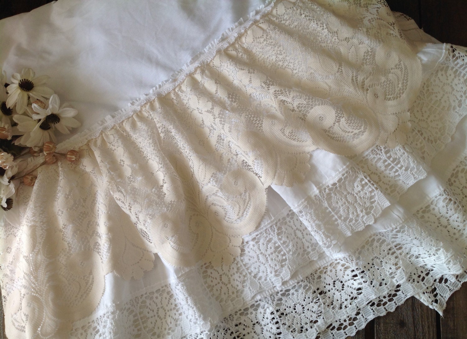 Handmade Queen Bed Skirt Dust Ruffle Vintage Ecru Lace White