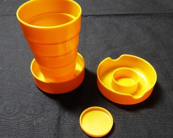 1960s Collapsible Travel Cup with Pill Compartment by Pretty Neat, in Butterscotch, Made in USA, Vintage Plastic Ware, Vintage Travel