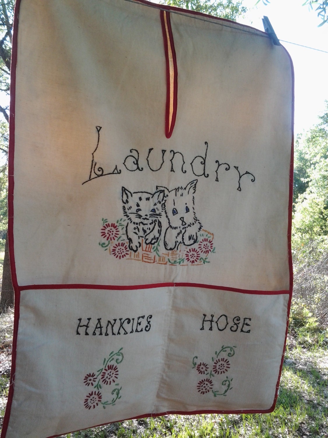 Antique Hand Embroidered Laundry Bag Linen by