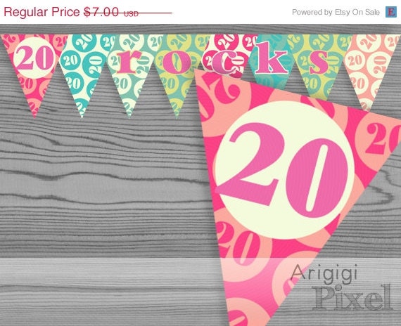 Spring SALE 50 % OFF 20 rocks birthday banner, printable birthday party decoration, girls 20th birthday, Pdf file instant download, ready to Il_570xn
