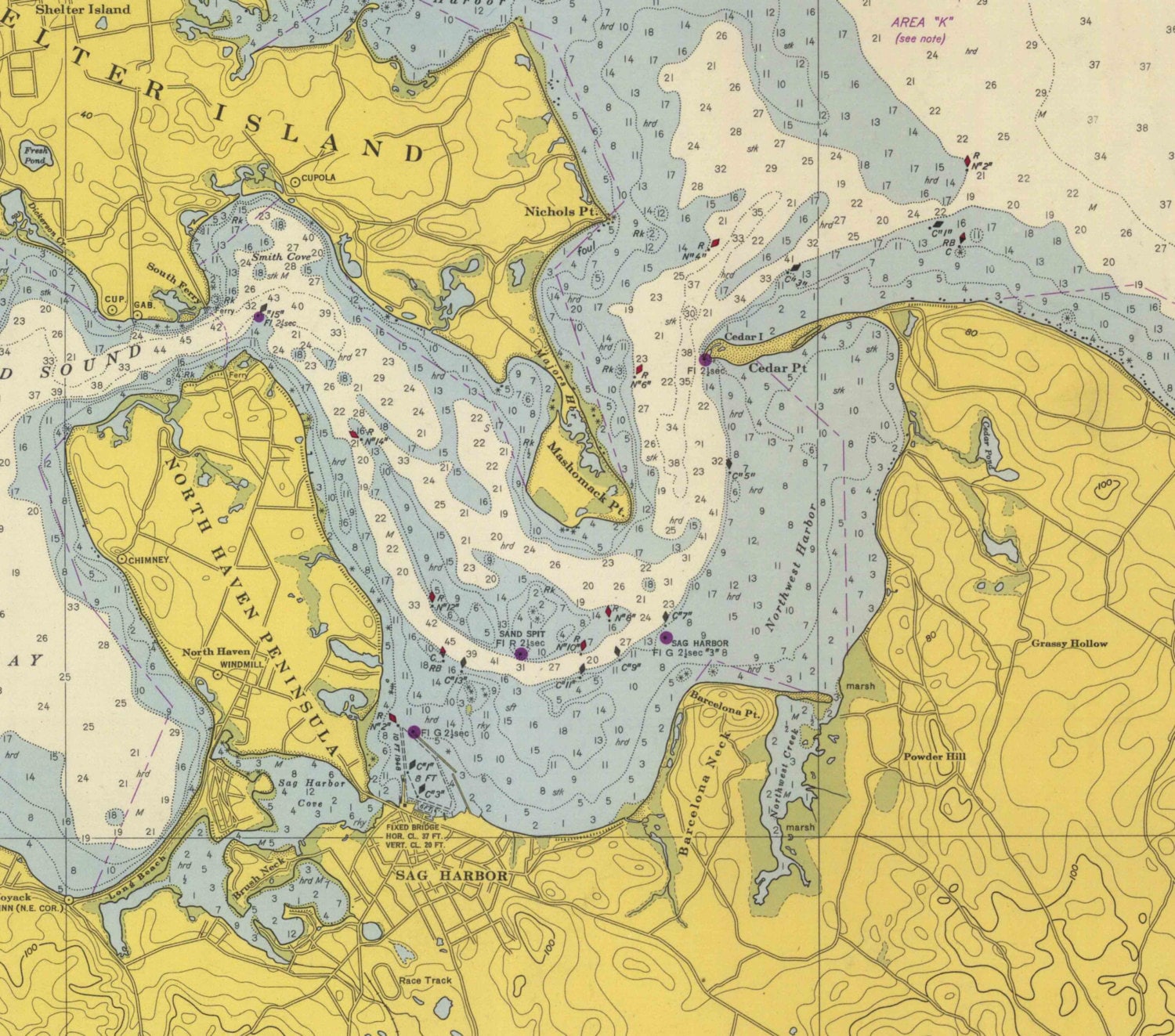 Shelter Island Sound & Peconic Bays NY 1952 Nautical Map