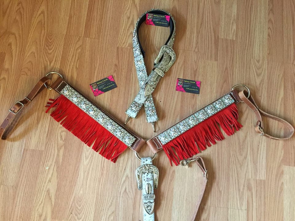 AB Bling Horse Size Tack Set W/ Red Fringe by BlingHorseTackAndMor