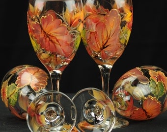 Set of Four Hand Painted Wine Glasses / Colorful Fall Leaves