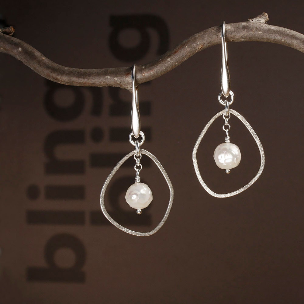 Pearl Earrings in Sterling Silver Modern Pearl Hoop Earrings