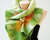 SALE HOLIDAY Spring Felted Scarf Neckpiece Collar. Shibori Orange & Bright Green. Wool wrap scarf.Nuno felted Scarf