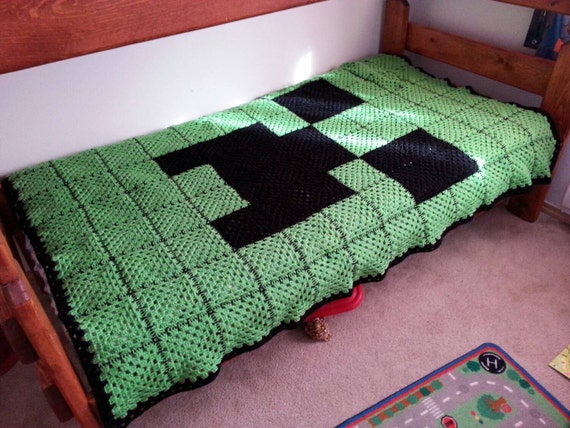 Crocheted Green and Black Creeper Face Minecraft-Inspired