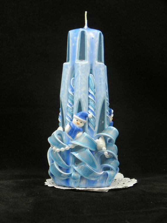 Hand Carved Candle Blue and White Lighthouse by TwoLadiesAndBunny