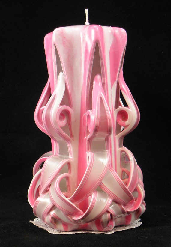 Hand Carved Candle Pink and White Tie Dyed Basketweave