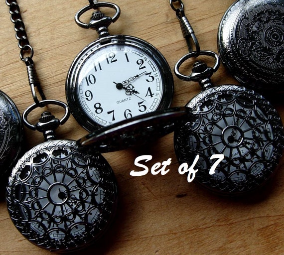 Groomsmen Gift Pocket Watch Set of 7 Onyx Black Quartz Wedding