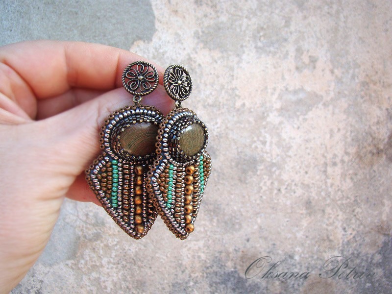 Olive green dangle earrings Bead embroidery earrings Agate