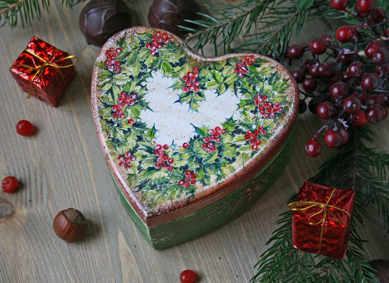 Christmas gifts Jewelry tea cookie box-New years vintage decoupaged handmade- Trinket box-Casket