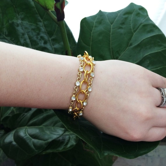 Items similar to Shiny and Matte Gold Bracelet with Rhinestone Accents ...