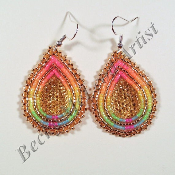 First Nations Beaded Earrings Neon/Gold Drop Cabochons Canada