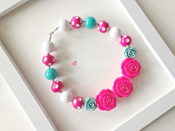 Pink Teal Flower Chunky Necklace Bubblegum Necklace Photo Prop Toddler Necklace Toddler Jewelry Girls Necklace Chunky Bead Girls Jewelry