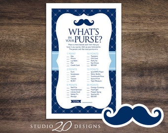 Instant Download Navy Mustache What's In Your Purse Game, Mustache Baby Shower Games, Printable Navy Blue Moustache Theme Purse Game 27B