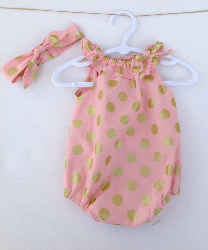 Pink with Gold Spots Baby Girl Playsuit Romper with matching knotted headband