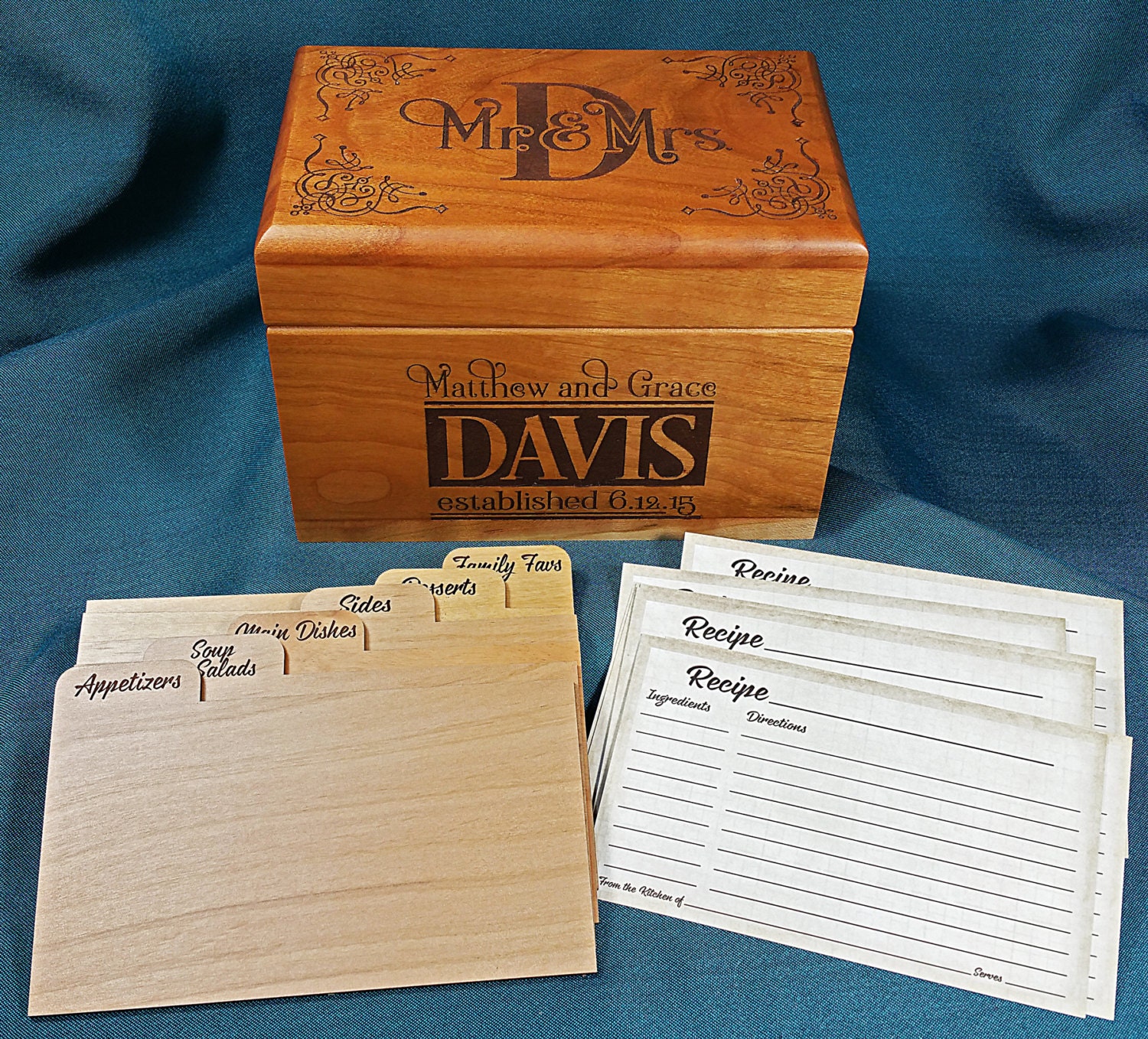 Recipe Box Wedding Style Personalized wood with Recipe Cards